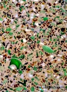 The green bits in the terrazzo floor are crushed beer bottles.