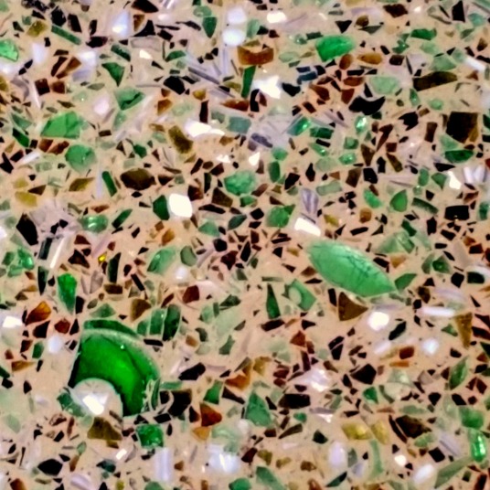 The green bits in the terrazzo floor are crushed beer bottles.