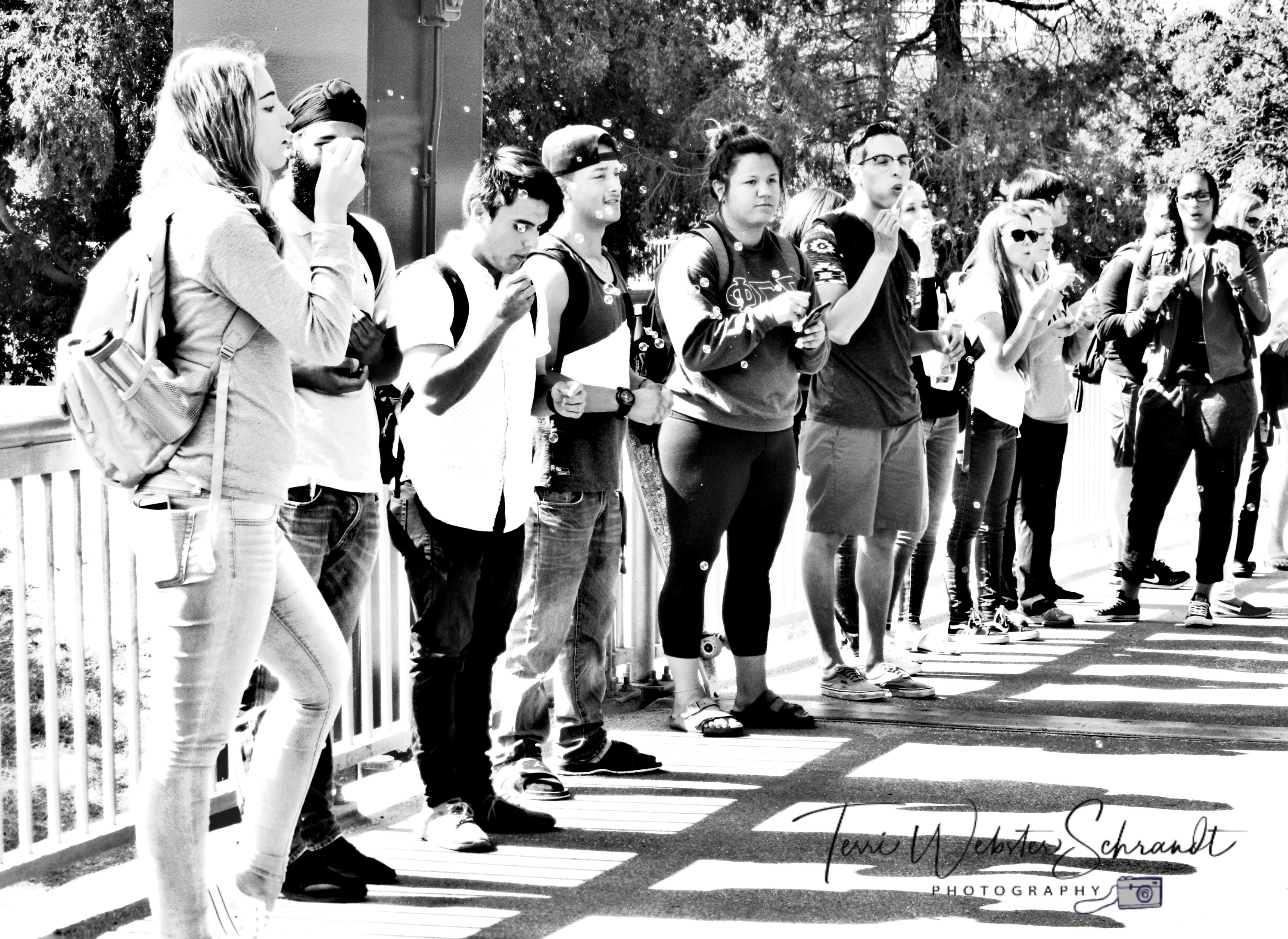 Students lined up to blow bubbles